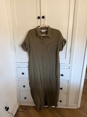 Button-Front Maxi Shirt Dress in Olive
